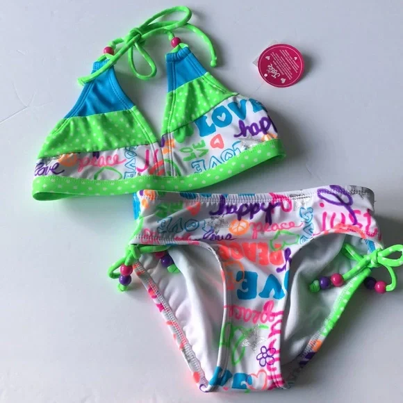 Justice Bikini with Peace Love Happy & Polka Dots Size 7 - Picture 1 of 10